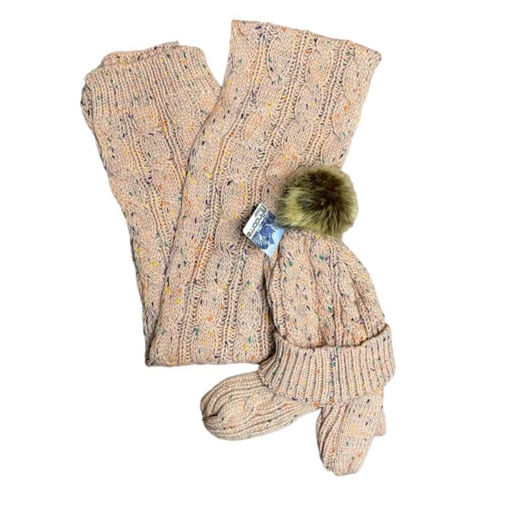 Andorra Gear cable knit hat ,scarf and mittens salmon multi